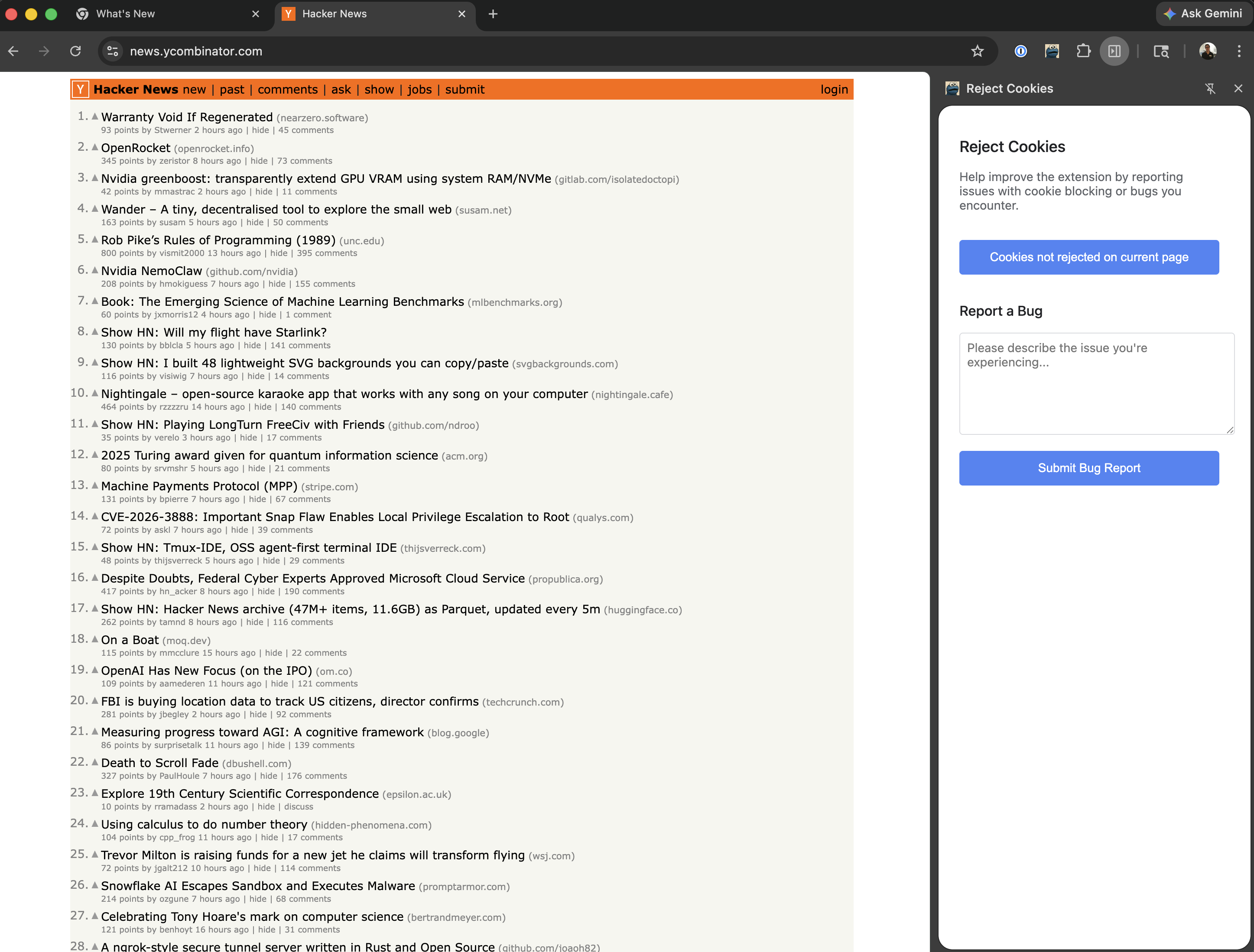 Reject Cookies report sidebar